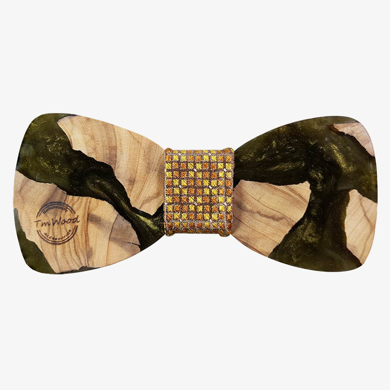 Wooden bow tie from olive wood and dark gold resin