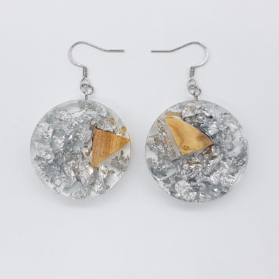 Resin earrings, rounds with precious silver leaf and olive wood