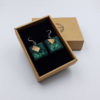 Resin earrings, squares in green color with wood