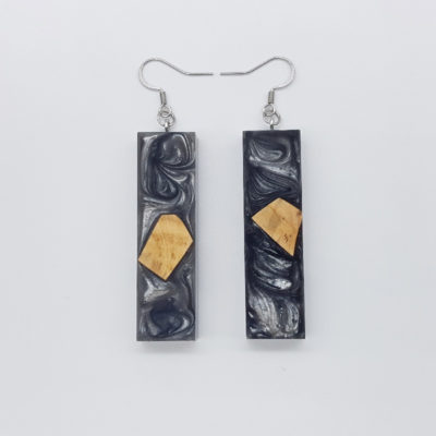 Resin earrings, straight in gray color with olive wood