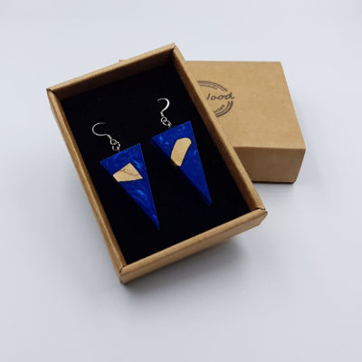 Resin earrings, triangles  in blue color with  wood