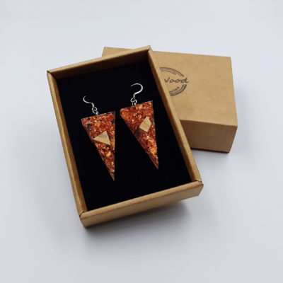 Resin earrings, triangles with  copper leaf and olive wood