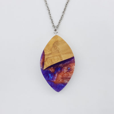Resin necklace,  leaf design in pink purple color with olive wood large