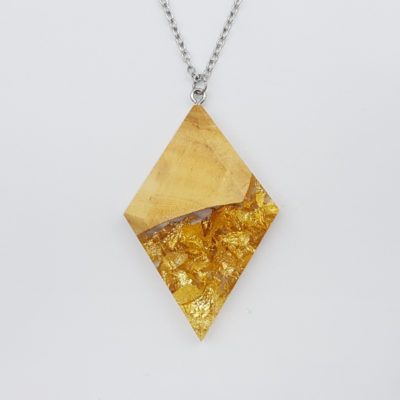 Resin necklace,  rhombus design with precious gold leaf and olive wood large