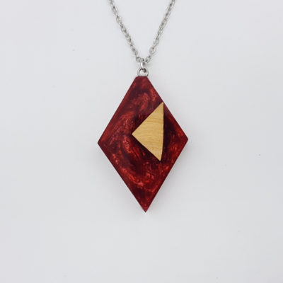 Resin necklace,  rhombus design in red color with olive wood small