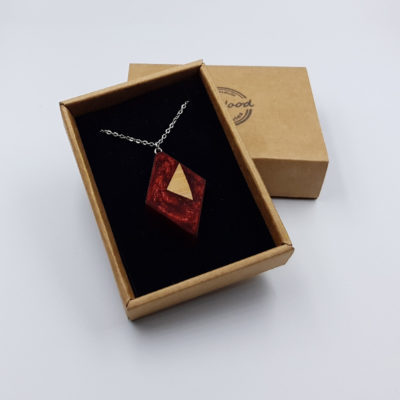 Resin pendant,  rhombus design in red color with olive wood small