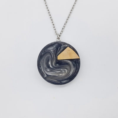 Resin necklace,  round design in gray color with olive wood small