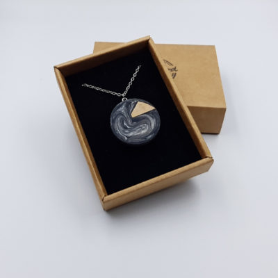 Resin pendant,  round design in gray color with olive wood small