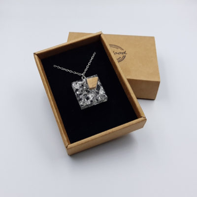 Resin pendant,  square design  with precious silver leaf and olive wood small