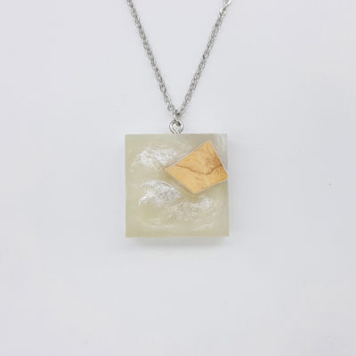 Resin necklace,  square design in white color with olive wood small
