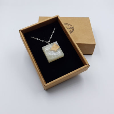 Resin pendant,  square design in white color with olive wood small