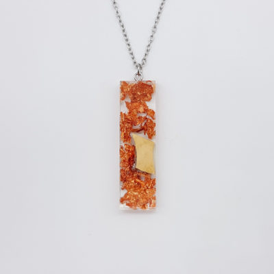 Resin necklace,  straight design with precious copper leaf and olive wood small