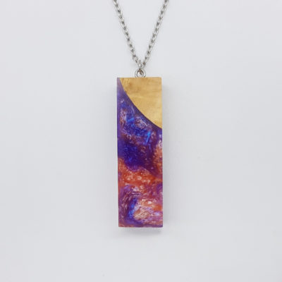 Resin necklace,  straight design in pink purple color with olive wood large