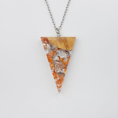 Resin necklace, large triangle design with precious copper silver leaf and olive wood