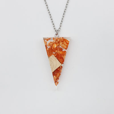 Resin necklace,  triangle design with precious copper leaf and olive wood small
