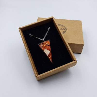 Resin pendant,  triangle design with precious copper leaf and olive wood small