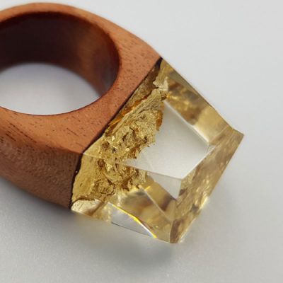 Resin ring with  gold leaf and wooden base size 53