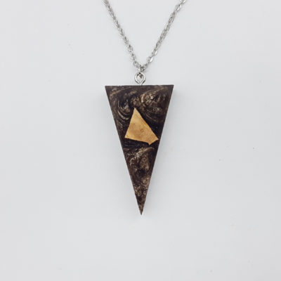 Resin necklace,  triangle design in brown color with olive wood small