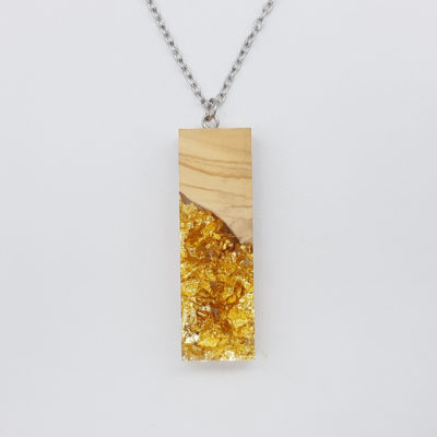 Resin necklace,  straight design with precious gold leaf and olive wood large