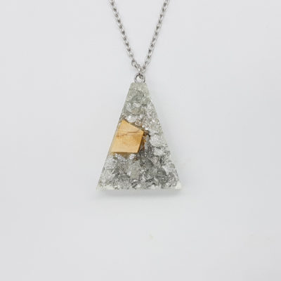 Resin necklace, inverted triangle design with precious silver leaf and olive wood small