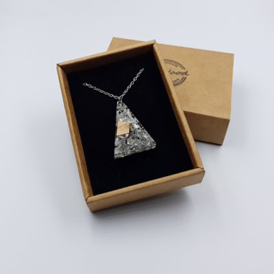 Resin pendant, inverted triangle design with precious silver leaf and olive wood small