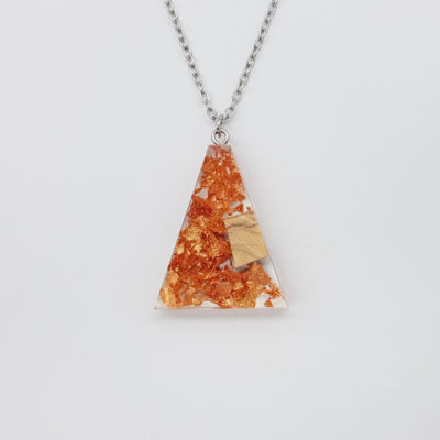 Resin necklace, inverted triangle design with precious copper leafs and olive wood small