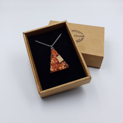 Resin pendant, inverted triangle design with precious copper leafs and olive wood small
