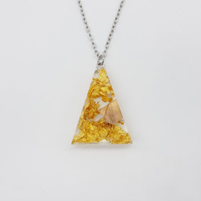 Resin necklace,  inverted triangle design with precious gold leaf and olive wood small