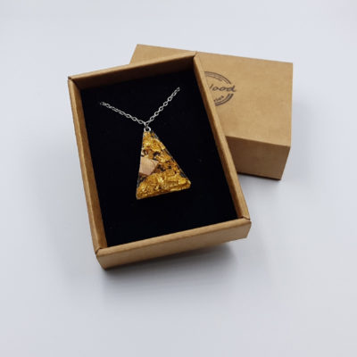 Resin pendant,  inverted triangle design with precious gold leaf and olive wood small