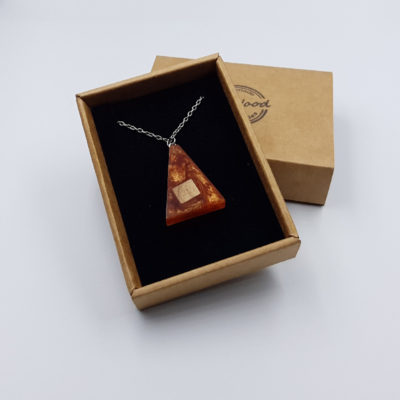 Resin pendant, inverted triangle design  in orange color and olive wood small