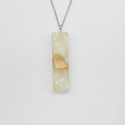 Resin necklace,  straight design in white color with olive wood small