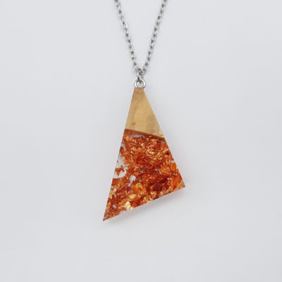 Resin necklace,  asymmetric triangle design with copper leaf and olive wood large