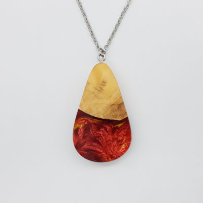 Resin necklace, drop design in red yellow color with olive wood large