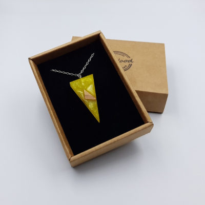 Resin pendant,  triangle design in yellow color with olive wood small