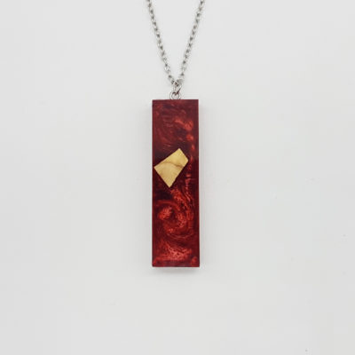 Resin necklace,  straight design in red color with olive wood small