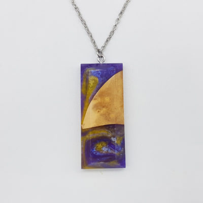 Resin necklace, rectangle design in purple yellow color with olive wood large