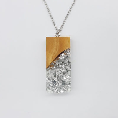 Resin necklace,  rectangle design with precious silver leaf and olive wood large