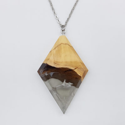 Resin necklace,  rhombus  design in transparent black with white waves and olive wood large