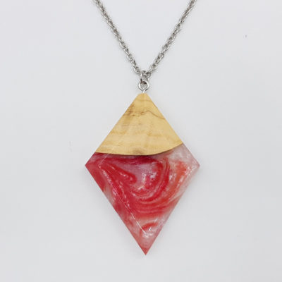 Resin necklace,  rhombus design in red white color with olive wood large