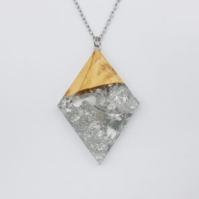 Resin necklace,  rhombus design with precious silver leaf and olive wood large