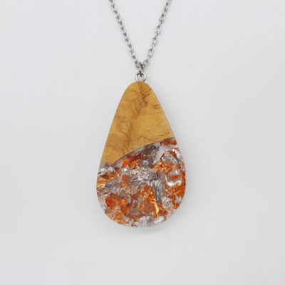 Resin necklace,  drop design with precious copper silver leaf and olive wood large