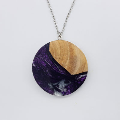 Resin necklace, round design in white purple black color with olive wood large