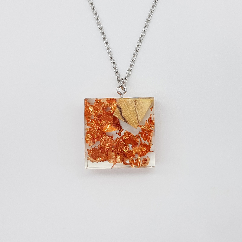Resin necklace,  squaredesign  with precious copper leaf and olive wood small
