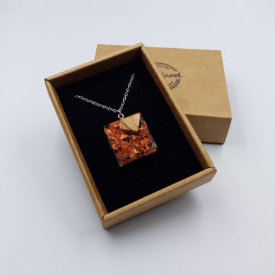 Resin pendant,  square design with precious copper leaf and olive wood small