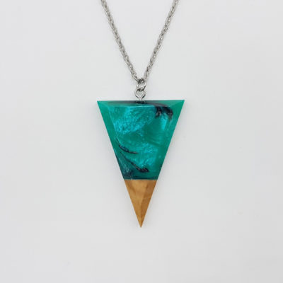 Resin necklace, triangle design in green black color with olive wood large