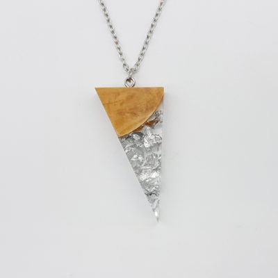 Resin necklace, triangle design with precious silver leaf and olive wood large