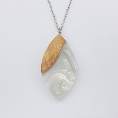 Resin necklace, leaf design in white color with olive wood large