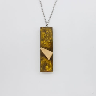 Resin necklace,  straight design in gold color and olive wood small