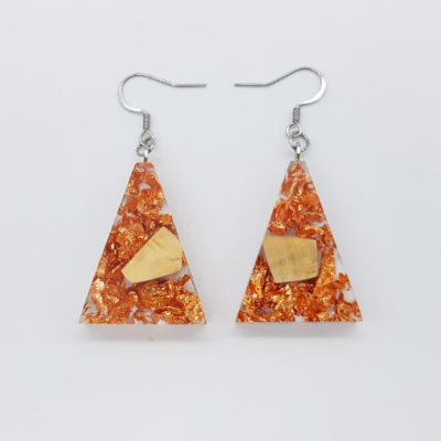 Resin earrings, inverted triangles with precious copper  leaf and olive wood