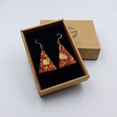 Resin earrings, inverted triangles with copper leaf and olive wood
